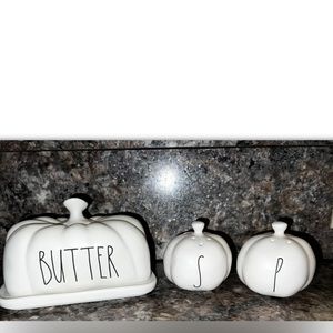 Rae Dunn Pumpkin Salt & Pepper Shakers with BUTTER Dish white Matte